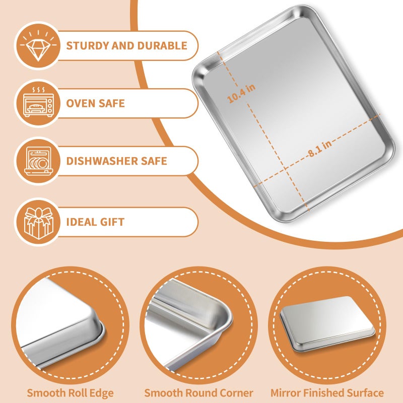 Deedro طقم صواني خبز من الفولاذ المقاوم للصدأ مكون من 2، صينية بسكويت ديدرو، صينية خبز معدنية، صينية فرن، غير سامة وقوية، مقاومة للصدأ وتشطيب مرآة، سهلة التنظيف وآمنة في غسالة الصحون، 10 × 8 × 1 بوصة - Image 2
